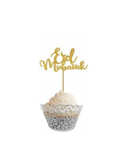  Cupcakeprikker Eid Mubarak glitter goud (6 stuks)