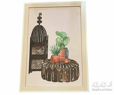 Ingelijste print Marokkaanse lantaarn en poef