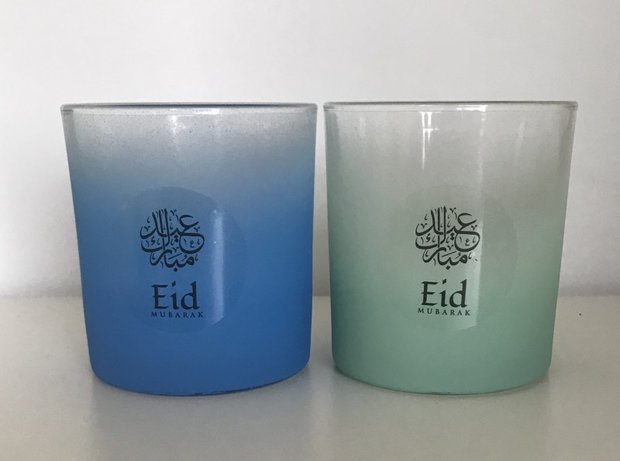 Theelichthouder blauw Eid Mubarak (voor grote theelicht) 