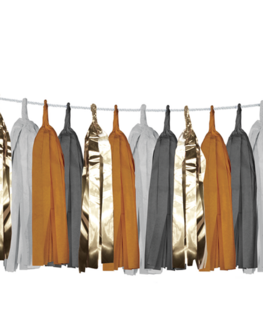 Slinger met tissue kwasten goud/oker Slinger met tissue kwasten goud/oker