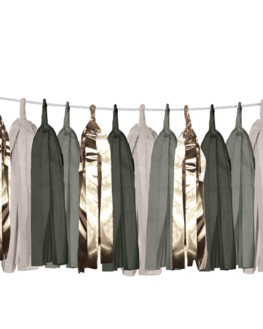 Slinger met tissue kwasten olijf/grijs Slinger met tissue kwasten olijf/grijs