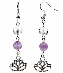 Oorbellen chevron amethist/bergkristal met lotus Oorbellen chevron amethist/bergkristal met lotus